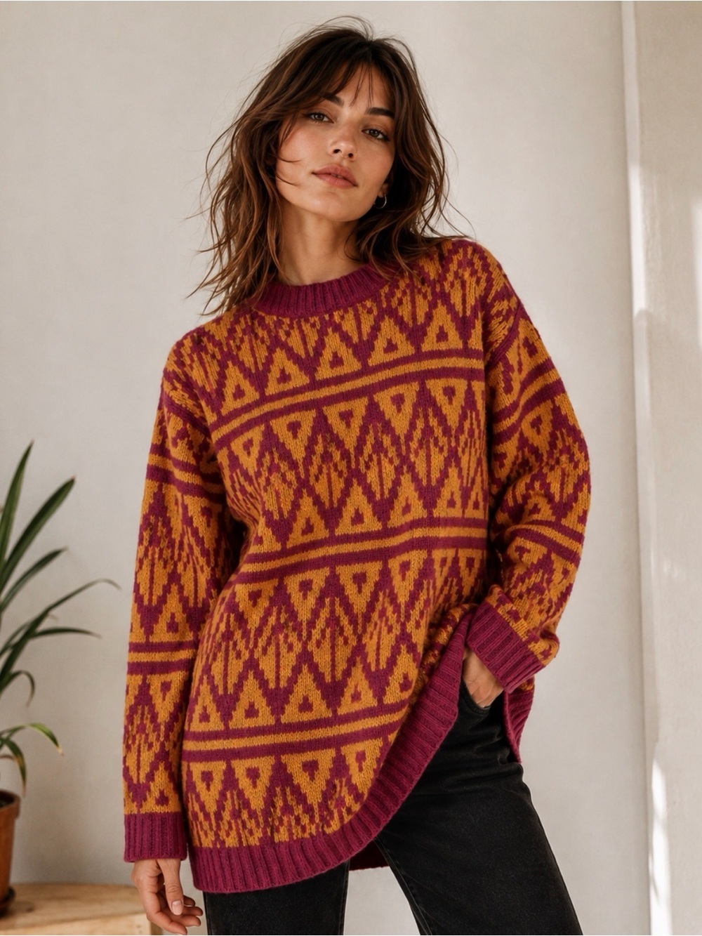 Vintage wool Geometric Knit Sweater gold and magenta